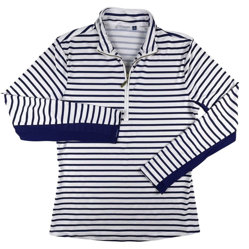 Cabana Life Rash Guard Womens M White Navy Striped Half Zip Sporty Top